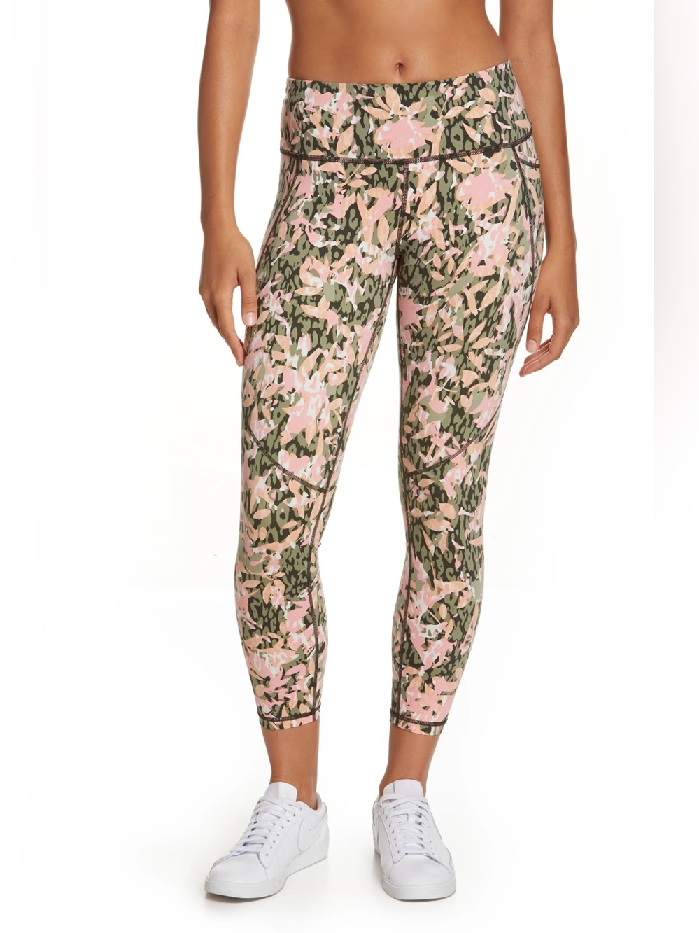 SWEATY BETTY Power Pocket Workout Leggings in Green Pink Floral Print Size M